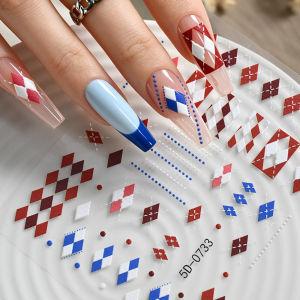 1Pcs 5D Red Blue White Plaid Nail Stickers Rhombus Chessboard Dashed Line Self-Adhesive Nails Decal Diamond Grid Manicure Slider