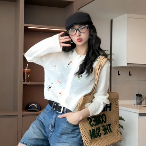 Thin Embroidered Ice Silk Knitted Open Cardigan Outerwear Loose Fashionable Long Sleeve Cover up Spring Autumn New Arrival