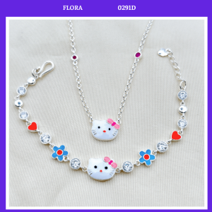 FLORA 0291D - Set bạc ta dây chuyền lắc tay hình mèo Hello Kitty dành cho bé gái
