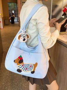 Cute Dachshund Dog Commuter Tote Bag Nylon Cloth Large Capacity Single Shoulder Bag for Class Korean Style Soft Handbag