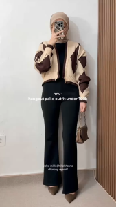 Deluna Korean Outfit - 3 In 1 One Set Kekinian Korean Style Outfit Remaja Wanita Stylish Elegan Buat Daily Hijab Cardigan Flare Pants Set AD405