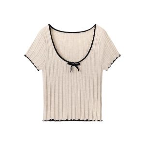 YUEZHONGWEI | Contrast Color U-neck Bow Icy Silk Knit Short Sleeve T-shirt