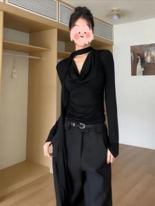 Plus Size Plus Size Ladies Fancy Black Swing Collar Bottoming Shirt for Women Fall and Winter New Arrival Temperamental Minority Slimming Long Sleeve Top Trendy