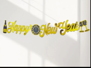 Watch Champagne bottle glass Welcome 2026 Gold Stamp HAPPY NEW YEAR party decoration cardboard banner set w/string