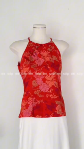 Vải cotton in hoa dày dặn kèm lót mịn Áo cổ yếm cộc tay nút tàu khoá kéo hông màu đỏ năng động gợi cảm YẾM HOA HOÈ