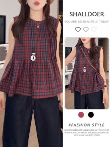 Shalldoer | Korean Fashion Round Neck Pleated Color Block Sleeveless Plaid Shirt Womens Summer New Style Versatile Trendy Top Casual Fit