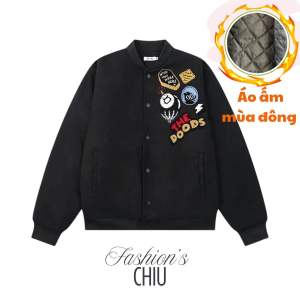 Áo khoác ấm varsity jacket hình thêu xù chất vải full dạ có lót chần bông dày dặn áo bomber vải dạ cao cấp