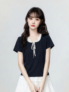 ZISUO | Navy Blue Faux Two-piece Short Sleeve Lace Spliced T-shirt