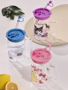 For Sanrio Straw Glass Cups Cartoon 600ML Hello Kitty Water Cup with Scale&Handle Kuromi Transparent Coffee Mug Home Drinkware