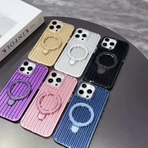 Corrugated Pattern For Magsafe Wireless Charge Case For iPhone 17 Air 16e 15 14 13 12 11 Pro Max Plus Folding Stand Holder Cover