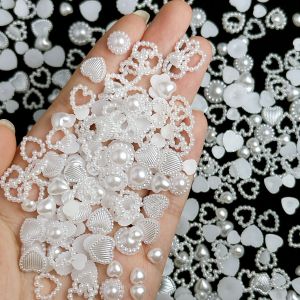 30PCS Simulated Hollowed Pearl Heart Nail Art Charms Double Colors Artificial Flatback Peach Heart Pearl Nail Decorations DIY
