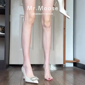 รองเท้าส้นสูงสีขาวสไตล์ฝรั่งเศส หัวแหลม ดีไซน์สุดเก๋ไก๋ สำหรับผู้หญิงวัย 18-40 ปี หนังวัวชั้นบน