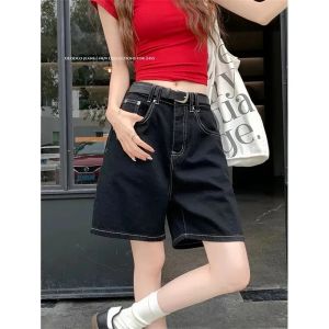 Quần Short Jean Nữ Cạp Cao Ống Đứng Mùa Hè Màu Đen Dáng Rộng 5 Phần Phong Cách Y2K