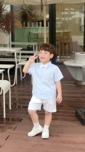 Set sơ mi công tử xanh trắng cho bé trai mặc thôi nôi sinh nhật kèm nơ 1 đến 7 tuổi BERNIE H0725B73