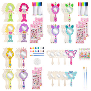 12pcs/set Mermaid Unicorn Butterfly Shaped Unfinished Wooden Princess Mirror Crafts DIY Blank Mini Handheld Mirror Favors