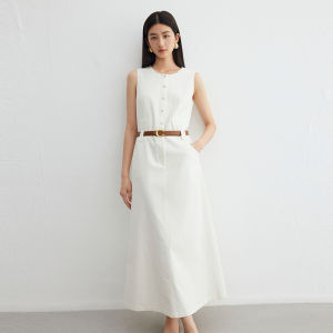 Designice Summer New Style White Sleeveless round Neck Denim Long Dress Womens Dress Elegant Atmosphere High Waist Straight Tube