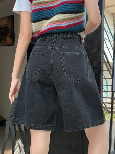 QIAOMIDUO | Summer Thin Black Grey Five-Quarter Denim Shorts Womens Style Elastic Waist Casual High Waist Wide Leg Loose Fit Cotton Blend