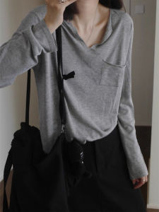 Áo Thun Dệt Kim Dài Tay Cổ Chữ V Màu Xám Rộng Rãi Mùa Hè Cho Nữ Áo Chống Nắng Dáng Ôm Chất Liệu Cotton Phong Cách Thường Ngày