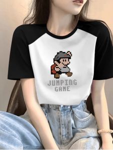 Áo Thun Cotton Tay Ngắn Nữ Mùa Hè Thường Ngày in Họa Tiết Hoạt Hình Dáng Rộng Cổ Tròn Tay Ngắn Màu Trơn Thời Trang Đa Năng Giảm Tuổi