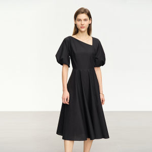 Amii Summer French Style Floral Print Cotton Midi Dress Womens Gathered Waist V-Neck Bell Sleeve Asymmetrical A-Line Dress