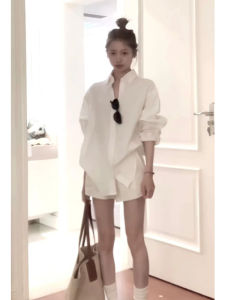 YUEZHONGWEI | White High Waist A-Line Shorts Shirt Two-Piece Set Summer Collection Womens Fashion High Quality Material Polo Collar Button Up