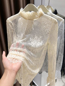 Áo Sơ Mi Ren Cổ Cao Tay Dài Mùa Thu Đông Cho Nữ Áo Lót Lưới Khoét Rỗng Mỏng Thời Trang Áo Lưới Mùa Xuân Thu