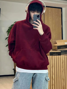 เสื้อสเวตเตอร์ฮู้ดคอกลมทรงหลวมสไตล์อเมริกันสำหรับผู้ชาย สีแดงเข้ม ทรงหลวม แฟชั่นฤดูใบไม้ร่วง แจ็คเก็ตทรงหลวม ทรงหลวม