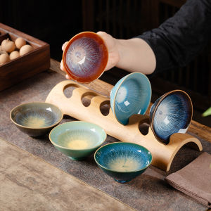 Flambe Jian Ware Tea Cup Ceramic Cup 6 Different Colors Bamboo-Hat Type Cup Tea Bowls Tea Cup Suit Bamboo Cup Holder