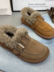 Retro UGG Nữ Đáy Phẳng Lông Cừu Lót Slip On Thời Trang Sành Điệu Đơn Giản Ấm Áp Cotton Vải Bông Giày Mũi Tròn Phong Cách Thoải Mái Đế Cao Su