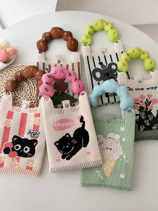 กระเป๋าถักแบบพกพาสไตล์เกาหลีเก๋ไก๋พร้อมกระเป๋าถืออเนกประสงค์แฟชั่นผู้หญิงดีไซน์แมวน่ารักสําหรับการเดินทาง