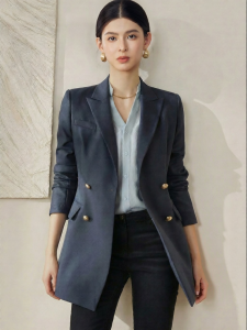 Roey s house | Office Style Dark Blue Double-Breasted Blazer Women
