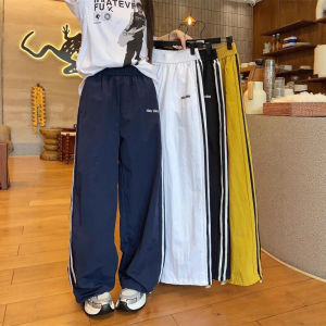 กางเกงกีฬาผู้หญิงแห้งเร็ว กางเกงขายาวทรงตรงเอวสูง ผ้าไหมน้ำแข็งบาง ทรงหลวม ทรงตรง กางเกงขายาวลำลอง ฤดูร้อน 2025