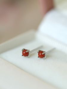 Miniature S925 Sterling Silver Earrings for Women South Red Agate Elegant Small Ear Jewelry Fashionable Vintage Style