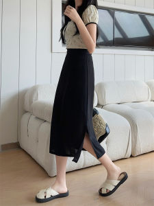 Black Asymmetrical High Waist A-Line Midi Skirt for Women Summer 2024 Slimming Polyester Fiber Fashionable Casual Skirt