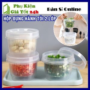Hộp Nhựa Tròn 2 Lớp Đựng Hành Tỏi Gừng Ớt Để Tủ Lạnh Có Lỗ Thoát Nước Và Nắp Đậy KÍn Ngăn Mùi - Hộp Đựng Hành Tỏi 2 Lớp Để Ráo Nước Tủ Lạnh Giữ Được Lâu Ngày