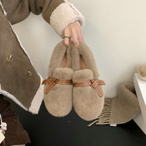 Jiji Studio Womens Furry Slip-On Shoes with Inner Heightening Cotton Lining Soft Rabbit Fur mid Heel Sweet Style Casual Wear