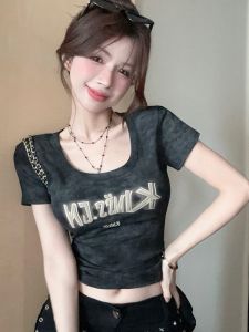 GUZILIAN | Slim Fit Short Sleeve T-Shirt Womens Summer New Style Printed Base Shirt Inner Wear Hot Girl Top Korean Style Knitted Text Pattern