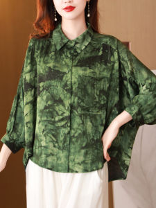 Stylish Asymmetrical Three-Quarter Sleeve Batwing Shirt Womens Spring and Summer Clothing Retro Print Loose Sun Protection Chiffon Shirt Tops