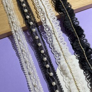 Black White Pearl Bilateral Chain Beads Lace round Bead Lace Three-Layer Lace Belt DIY Decorative Accessories