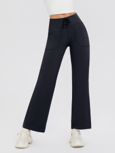 Coslesf Womens Lycra Yoga Pants High-Waist Wide-Leg Comfort Fit with Drawstring and Side Pockets - Black/Grey/Blue