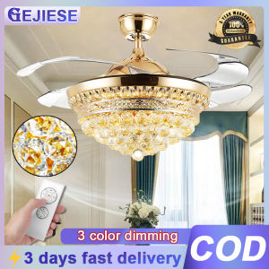GEJIESE 42inch crystal ceiling fan with light 3 color dimming 6 gear wind crystal ceiling fan with led lights and remote crystal chandelier with hidden fan blades for living room dinning room