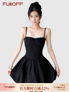 Black Lace Splicing French Hepburn Style Bouffant Dress Vintage Missy Short Skirt FUNOFF Zipper Backless Ruffle Hem Midi Dress