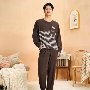 LUNILAI | Couples Casual Comfortable Sleepwear Set Bear Pattern Knitted Fabric Long Sleeve Round Neck Home Clothes For Men And Women