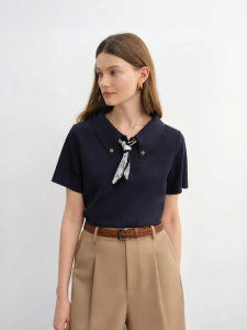 DUSHU | Polo Neck Cashew Flower Print T-Shirt
