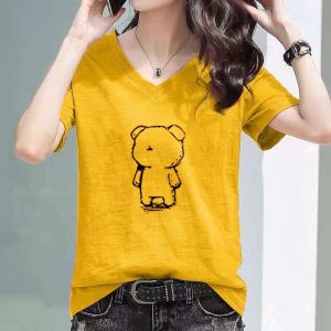 100% Slub Cotton Print Short-Sleeved T-shirt Womens Summer New Arrival Elegant V Neck K-style Loose plus Size Slim-Fit Top