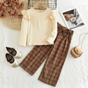 Gấu lãnh đạo 3-7 năm phiên bản Hàn Quốc quần áo nữ màu trơn dài tay áo sơ mi mặc trong Top + rô quần Bộ đồ hai mảnh giản dị mùa thu mới phù hợp với trẻ em