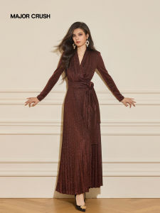 French Luxury Dusk-Colored Detailed Pleated Shimmering Maxi Wrap Dress