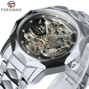 Forsining Fashion Tourbillon Skeleton Automatic Mechanical Watch for Men Luminous Hands Iced Out Watches Stainless Steel Strap