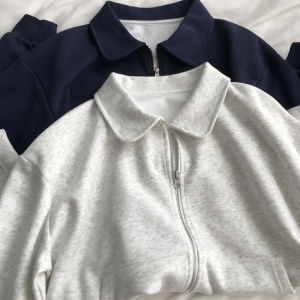 American Retro Polo Collar Double Zipper Sweatshirt Women Loose Versatile Casual Sports Outerwear Open Cardigan Top