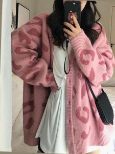 Loose Womens Knitted Sweater Outerwear Leopard Print Spring Autumn Winter Casual Style Polyester Fiber Long Sleeve Mid-Length